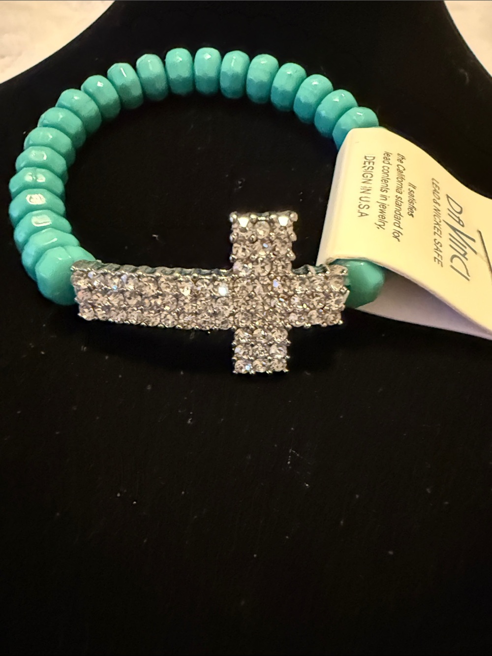 DaVinci Turquoise Beaded Bracelet with Crystal Cross Accent